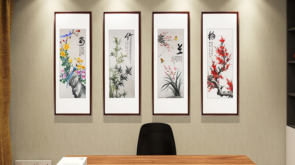 刺绣梅兰竹菊,汴绣四君子,书房装饰画