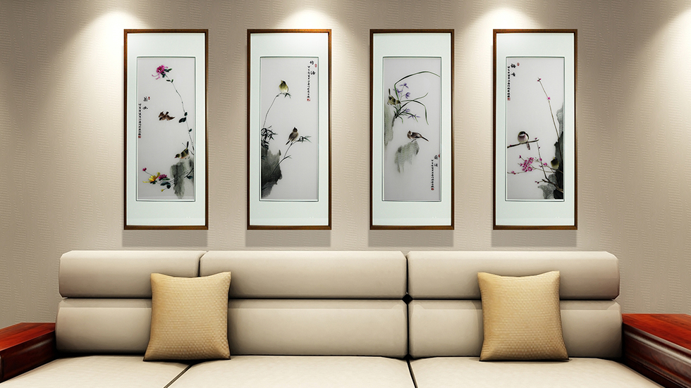 汴绣梅兰竹菊,汴绣装饰画,沙发背景墙