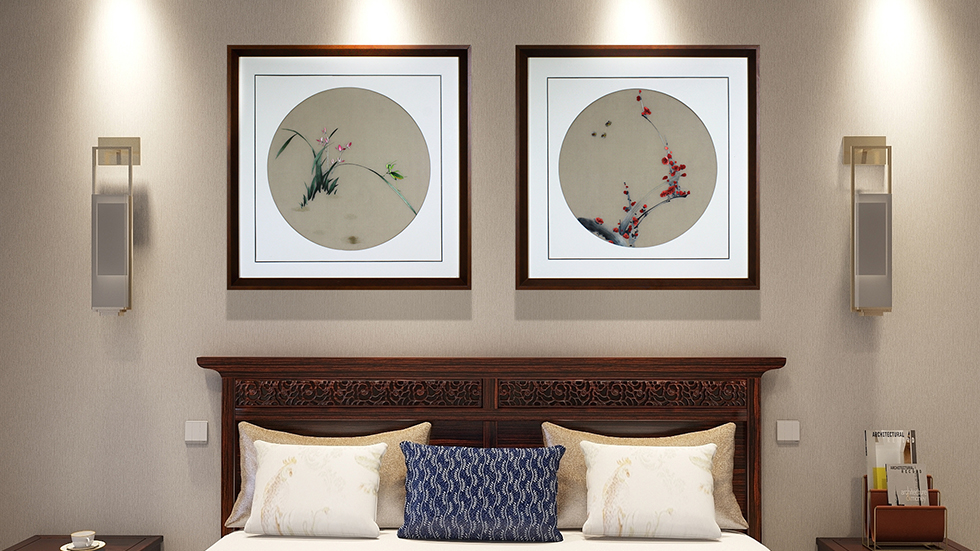 刺绣玄关画,汴绣梅花,苏绣兰花