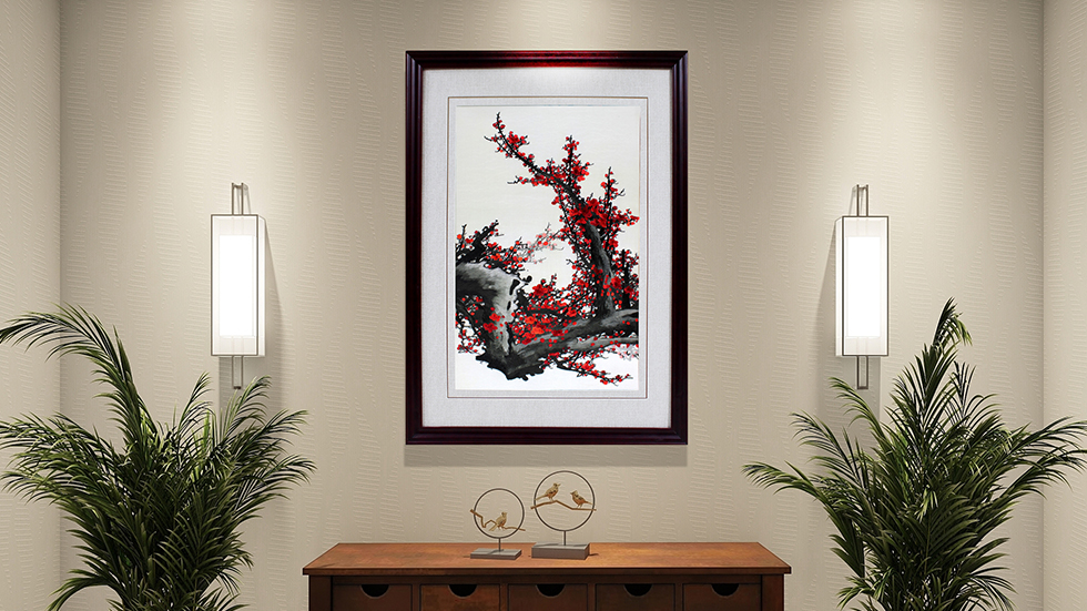 刺绣玄关画,汴绣梅花图,报春图