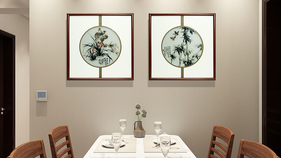 餐厅刺绣画,汴绣兰花,刺绣竹子