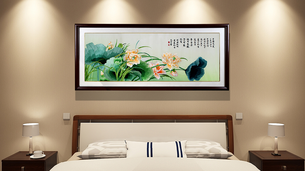 刺绣荷花图,卧室装饰画